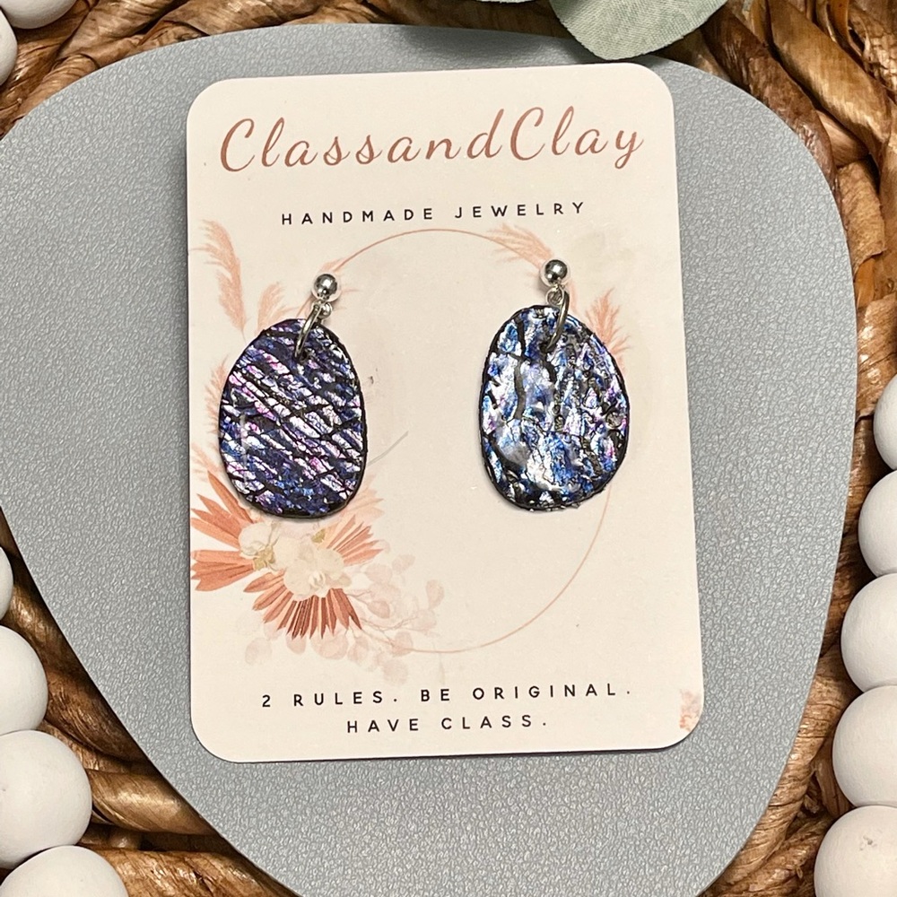 Handmade Polymer Clay Silver Leaf Crackle pebble Earrings w/ silver studs